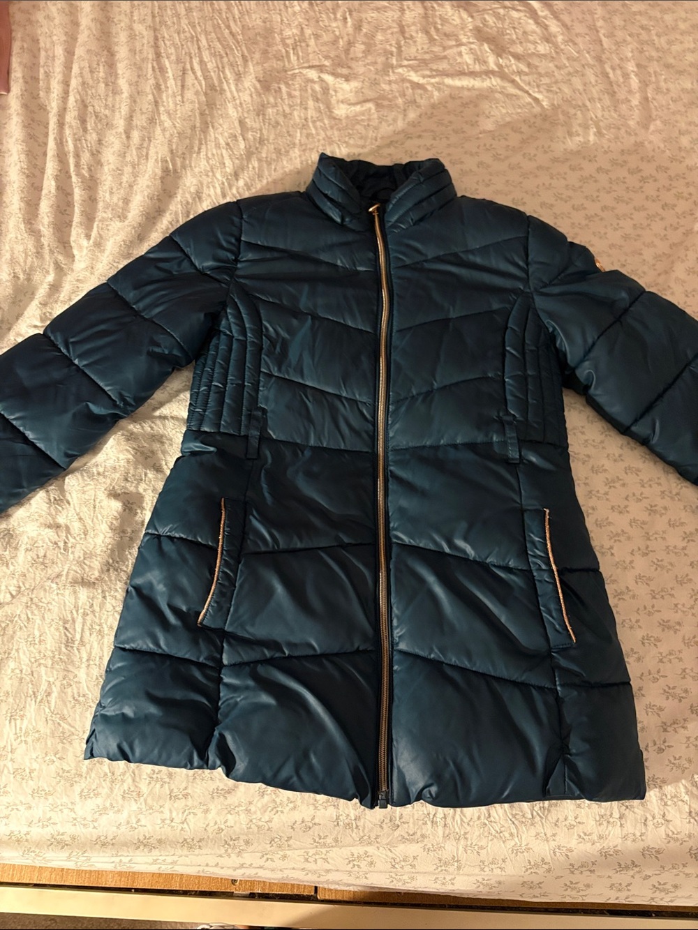 Michael Kors Teal Quilted Long Puffer Coat with Gold Trim